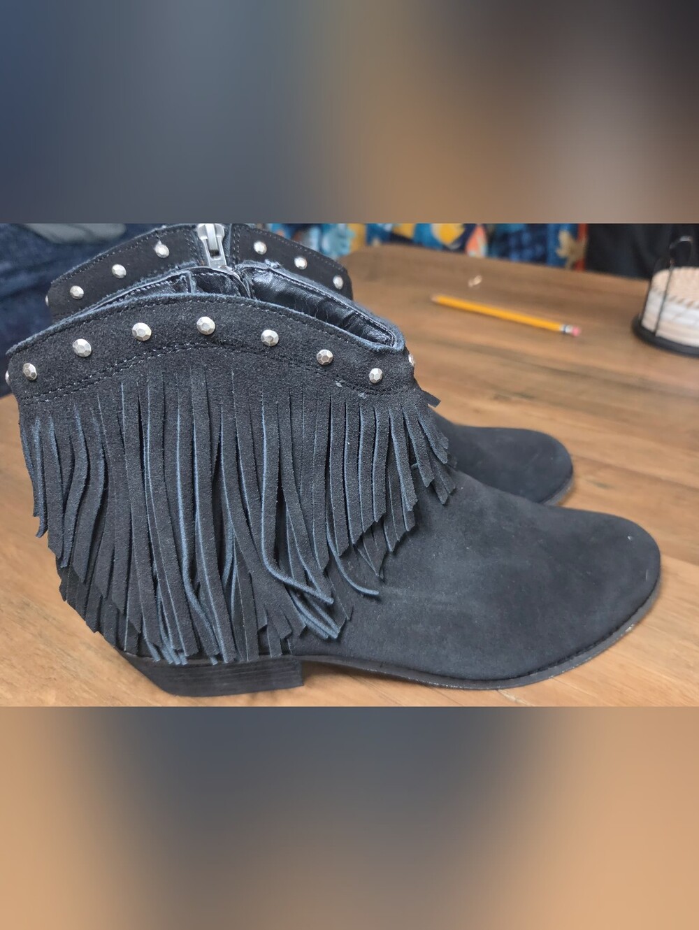 Minnetonka Black Suede Fringe Ankle Booties with Stud Accent Size 9